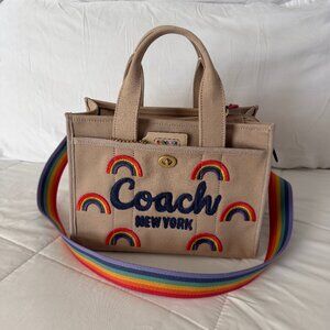Coach Beige Canvas Rainbow-Embroidered Tote with Rainbow Strap